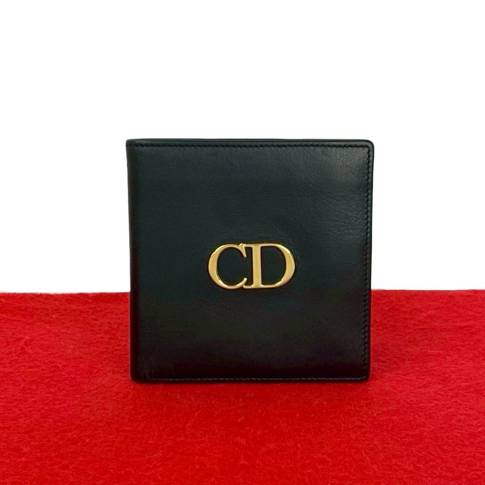 Christian Dior クリスチャンディオール CD ロゴ 金具 レザー 本革 二つ折り 財布 ウォレット 札入れ 小銭入れ ブラック 黒 210 2