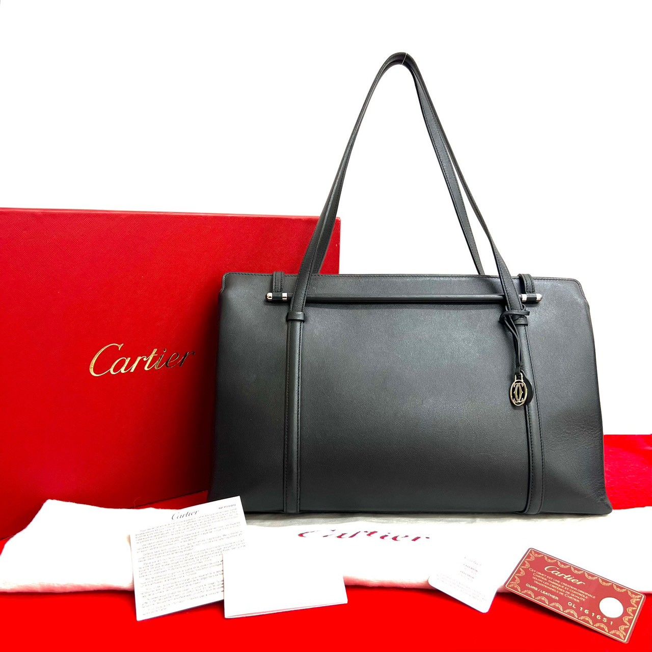品 箱 袋付き CARTIER カルティエ レザー 本革 トートバッグ ハンドバッグ セミ ショルダーバッグ ブラック 23657