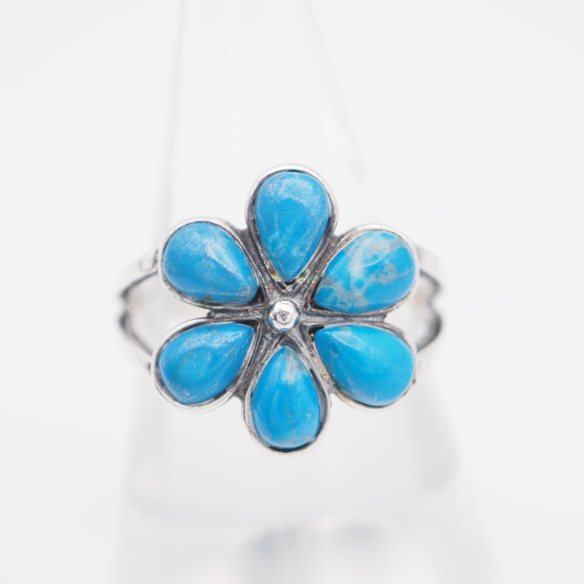 L 474 ターコイズ トルコ石 リング フラワー デザイン シルバー 指輪 ヴィンテージ 誕生石 13号