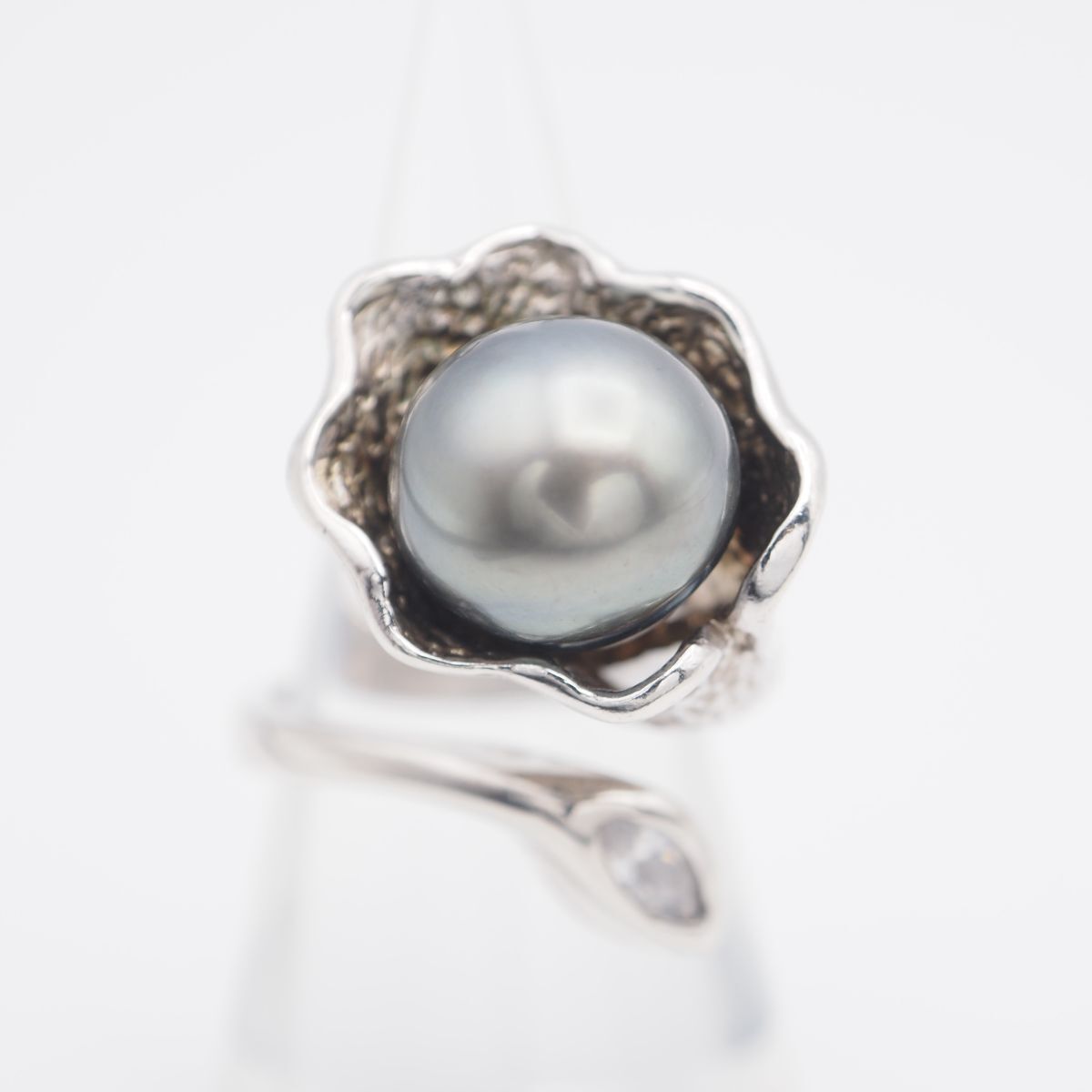 L 418 黒蝶真珠 パール ダイヤモンド風 925刻印 リング デザイン シルバー 指輪 ヴィンテージ 誕生石 9号