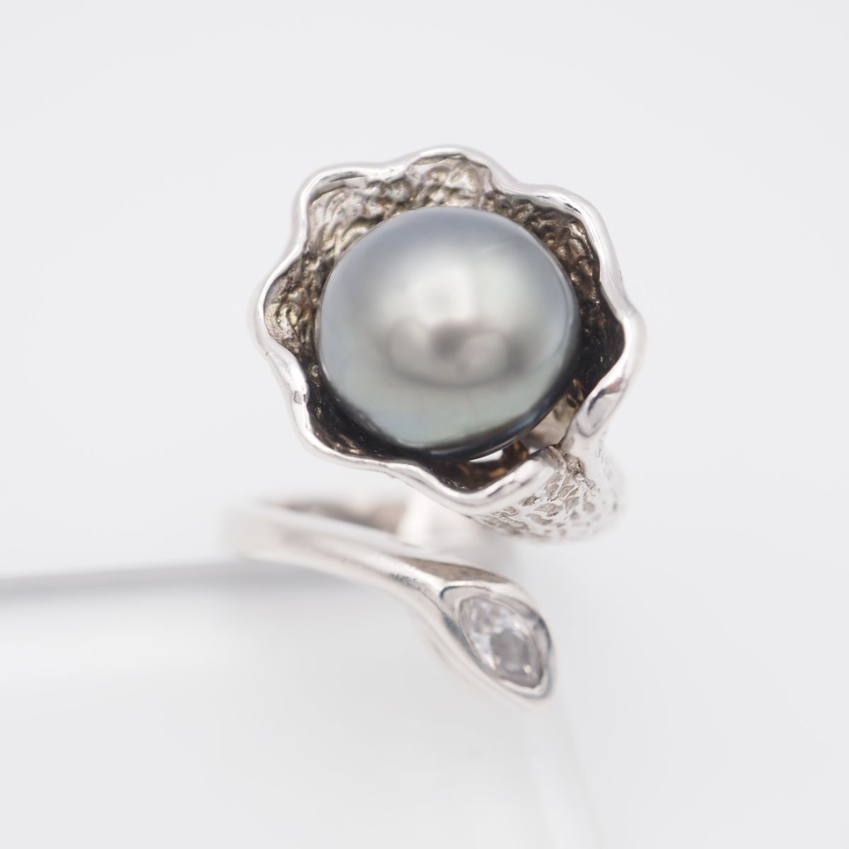 L 418 黒蝶真珠 パール ダイヤモンド風 925刻印 リング デザイン シルバー 指輪 ヴィンテージ 誕生石 9号