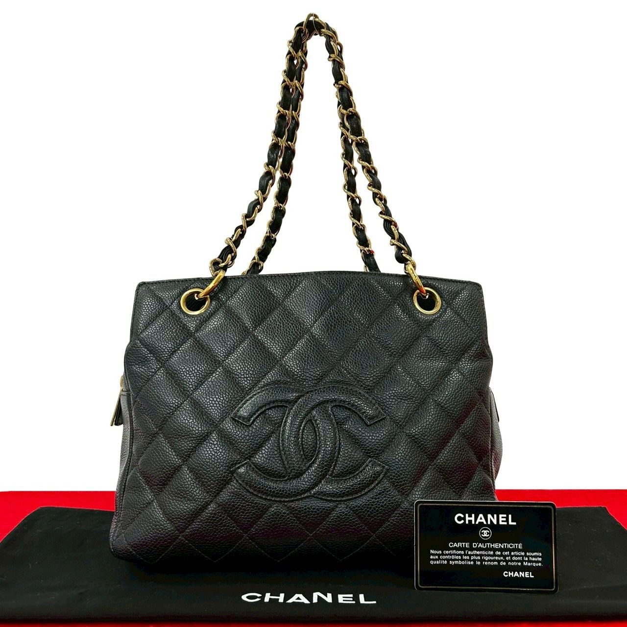 袋付 カード シール有 9番台 CHANEL シャネル マトラッセ ココ キャビアスキン レザー チェーン トートバッグ ブラック 37170