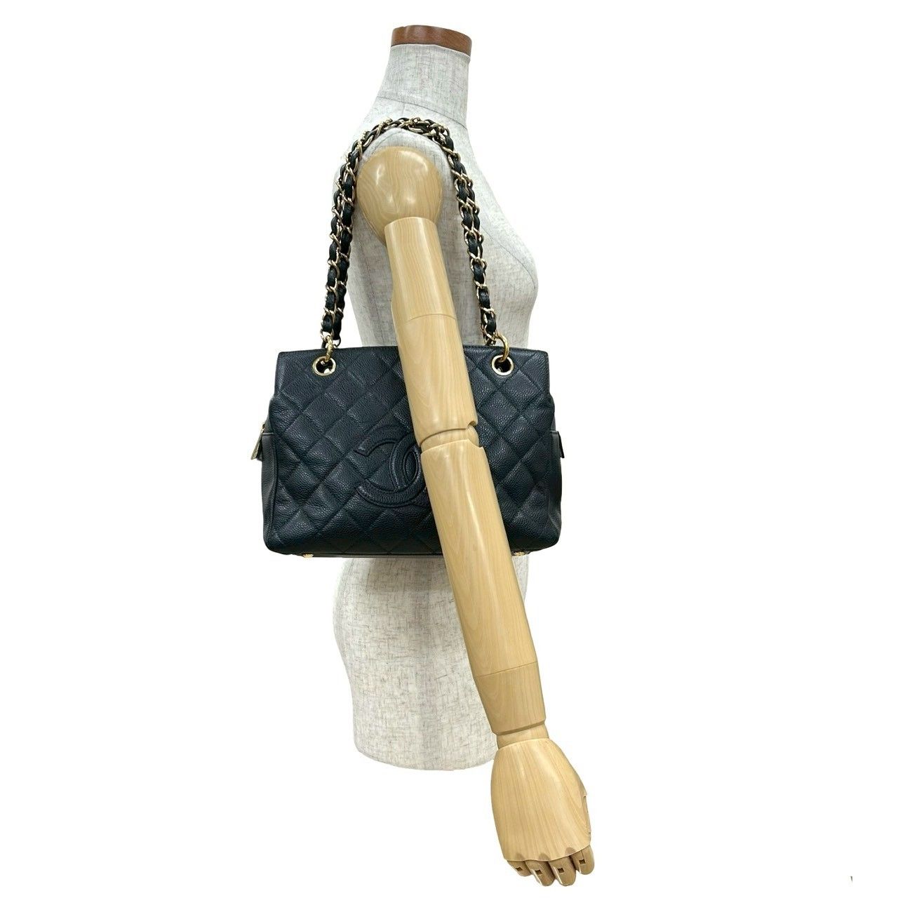 袋付 カード シール有 9番台 CHANEL シャネル マトラッセ ココ キャビアスキン レザー チェーン トートバッグ ブラック 37170