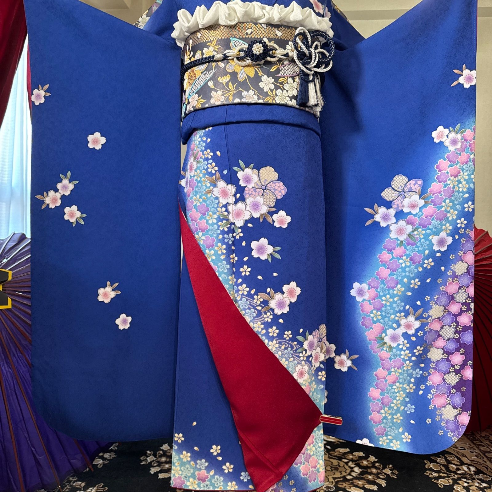 豪華振袖セット(4点)・袋帯・半衿・帯揚げ・古典柄・舞桜・波・金彩