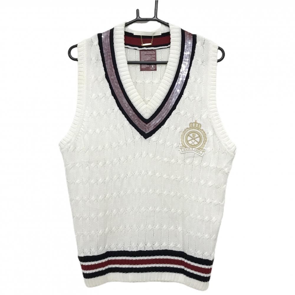 マークアンドロナ ニットベスト 白 黒 Vネック ワッペン スカル メンズ L ゴルフウェア MARK＆LONA