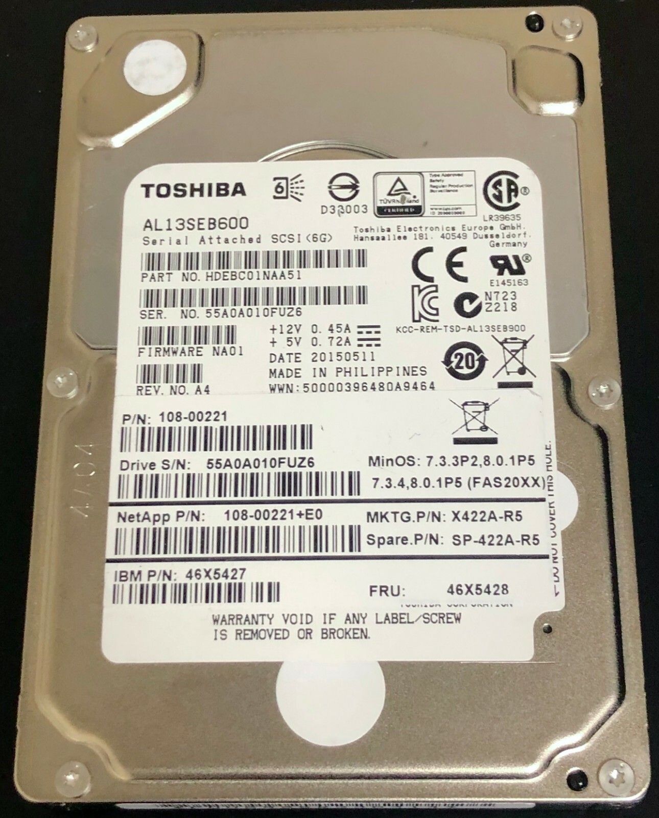 90日保証/再生品】NetApp X422A-R5 600GB AL13SEB600 2.5SAS 6GB/S 10K