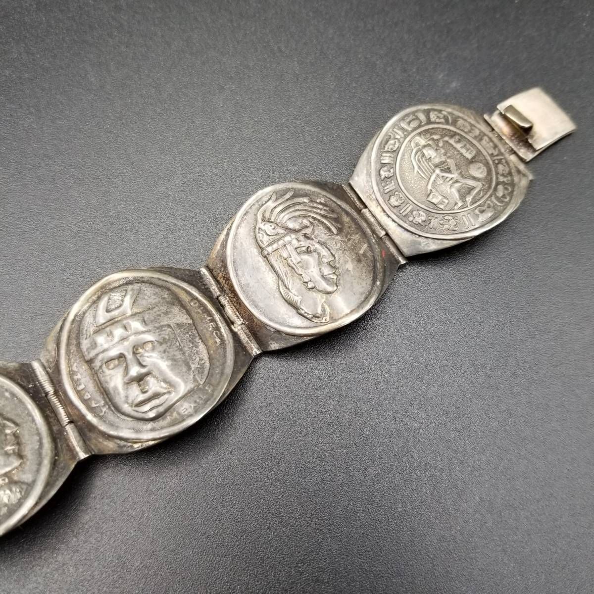 シルバー925 ブレスレット 古代メキシコ アステカ戦士デザイン プレート 透かしデザイン 幅約14㎜ 長, image size:1200x1200