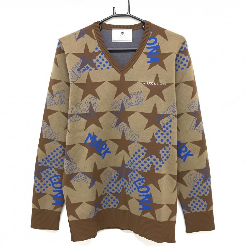 超 マークアンドロナ セーター ブラウン×ブルー 総柄 Vネック 星 メンズ 48 L ゴルフウェア MARK＆LONA