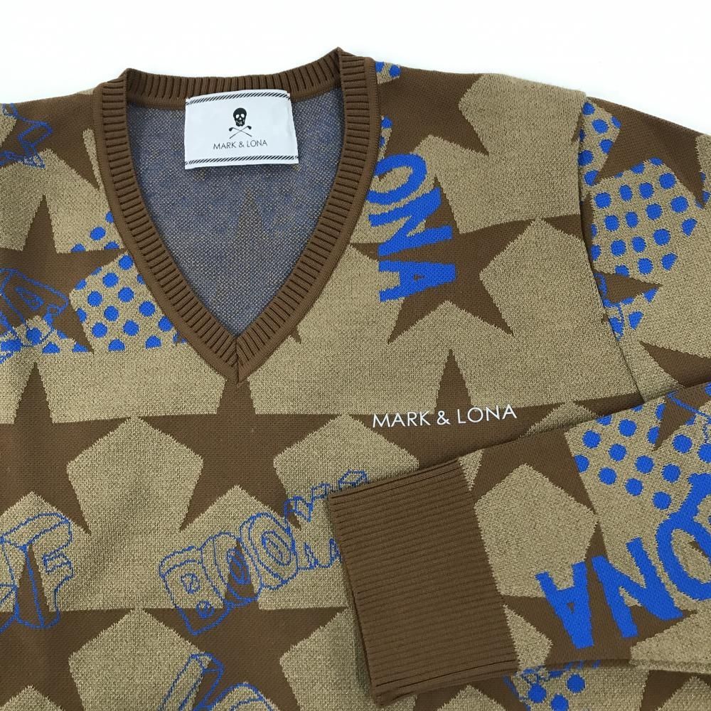 超美品】マークアンドロナ セーター ブラウン×ブルー 総柄 Vネック