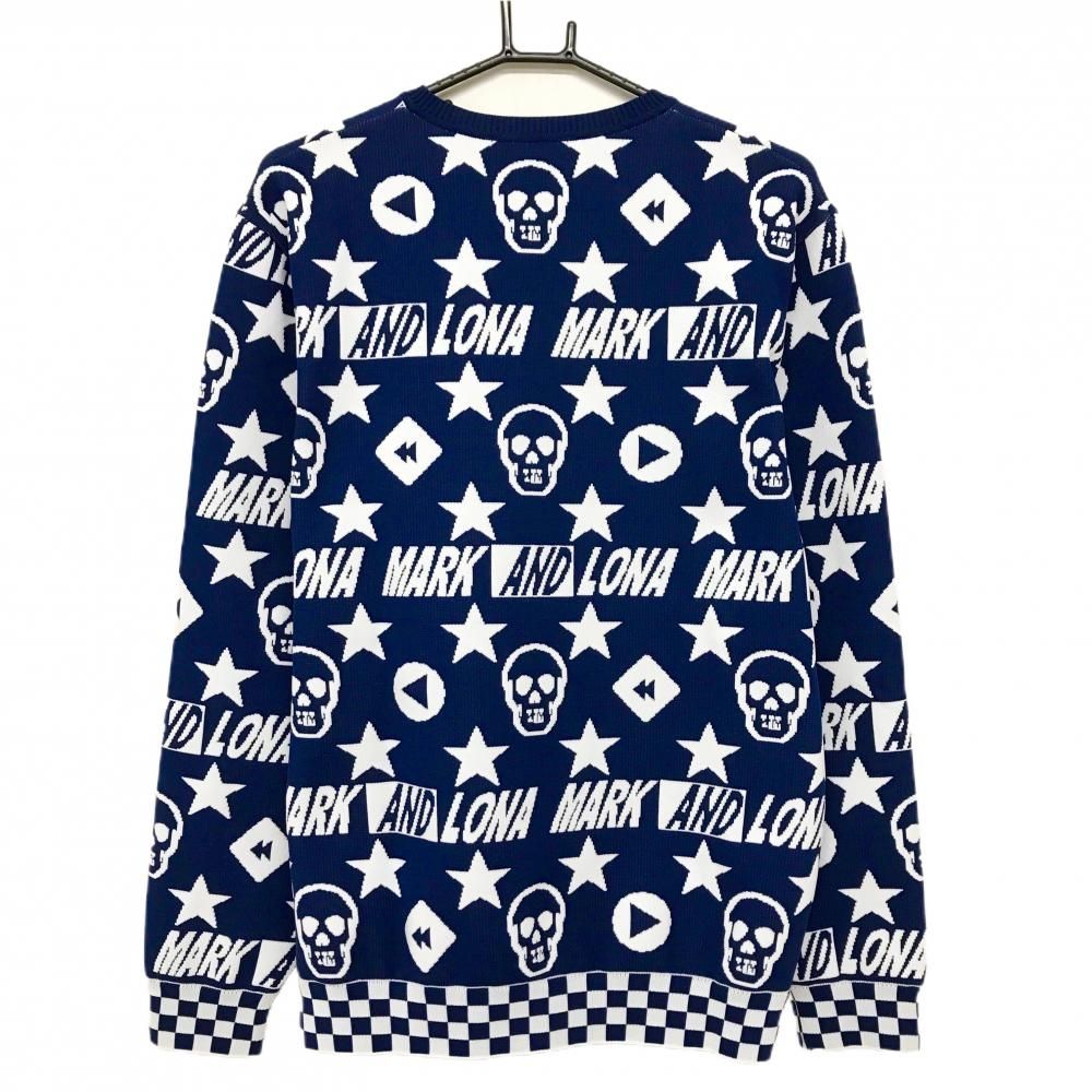 超美品】マークアンドロナ セーター ネイビー×白 総柄 スカル 星