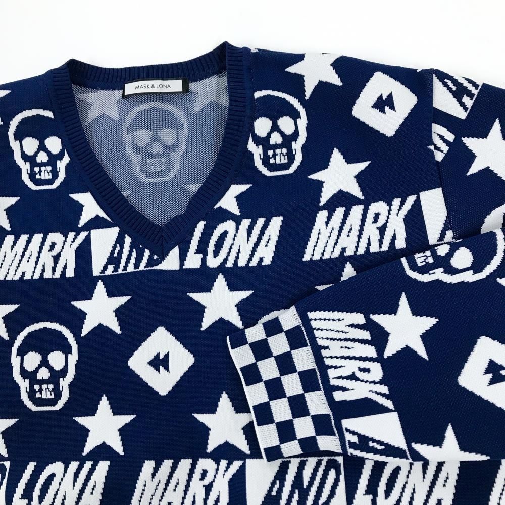 超美品】マークアンドロナ セーター ネイビー×白 総柄 スカル 星