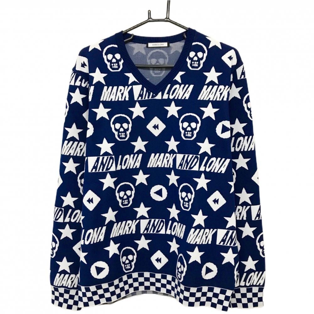 超美品】マークアンドロナ セーター ネイビー×白 総柄 スカル 星