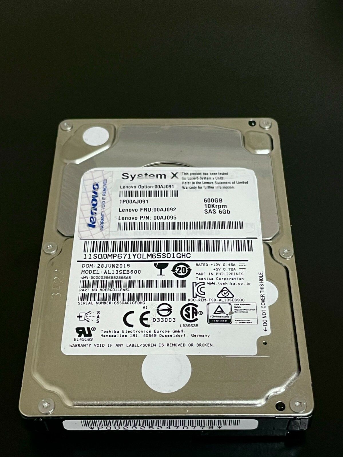 1年保証 再生品 LENOVO 00 AJ 091 600 GB 2.5 HARD DRIVE W O TRAY 092 095