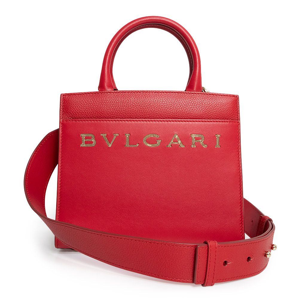 ブルガリ ロゴ スモール トート 2 Way 斜め掛け ショルダー ハンドバッグ カーフスキン レザー レッド ゴールド金具 291656 BVLGARI