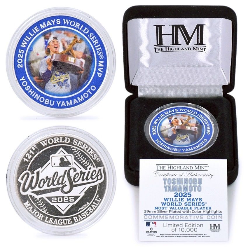 山本由伸 ドジャース 2025 ワールドシリーズ MVP 記念コイン 39 mm シルバープレート Los Angeles Dodgers MLB Highland Mint