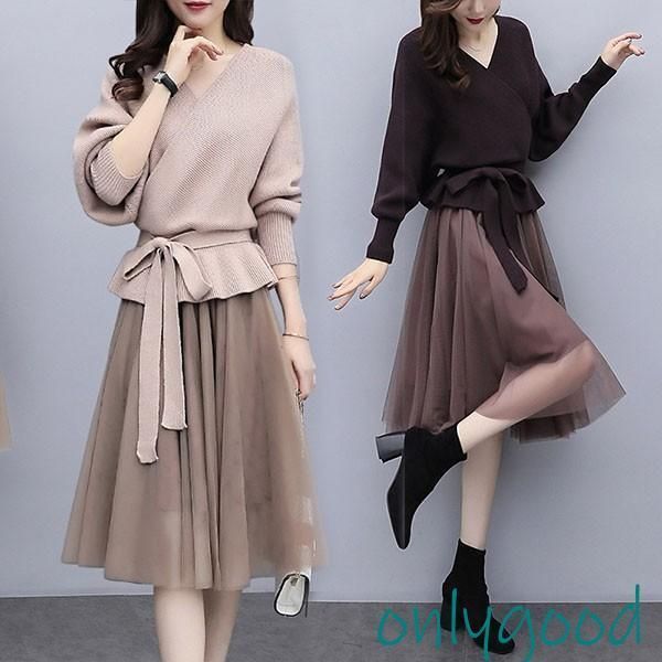 セットアップ レディース 秋冬 40代 30代 カジュアル 長袖 2点セット ニット Vネック 膝丈スカート レース 大きいサイズ おしゃれ 上品 着