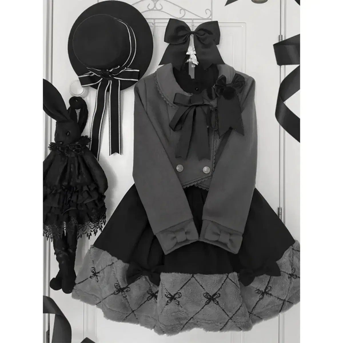 ロリータ スイート ダブル ブレステッド リボン ウール トップス ミニスカート ツーピース 3 COLOR