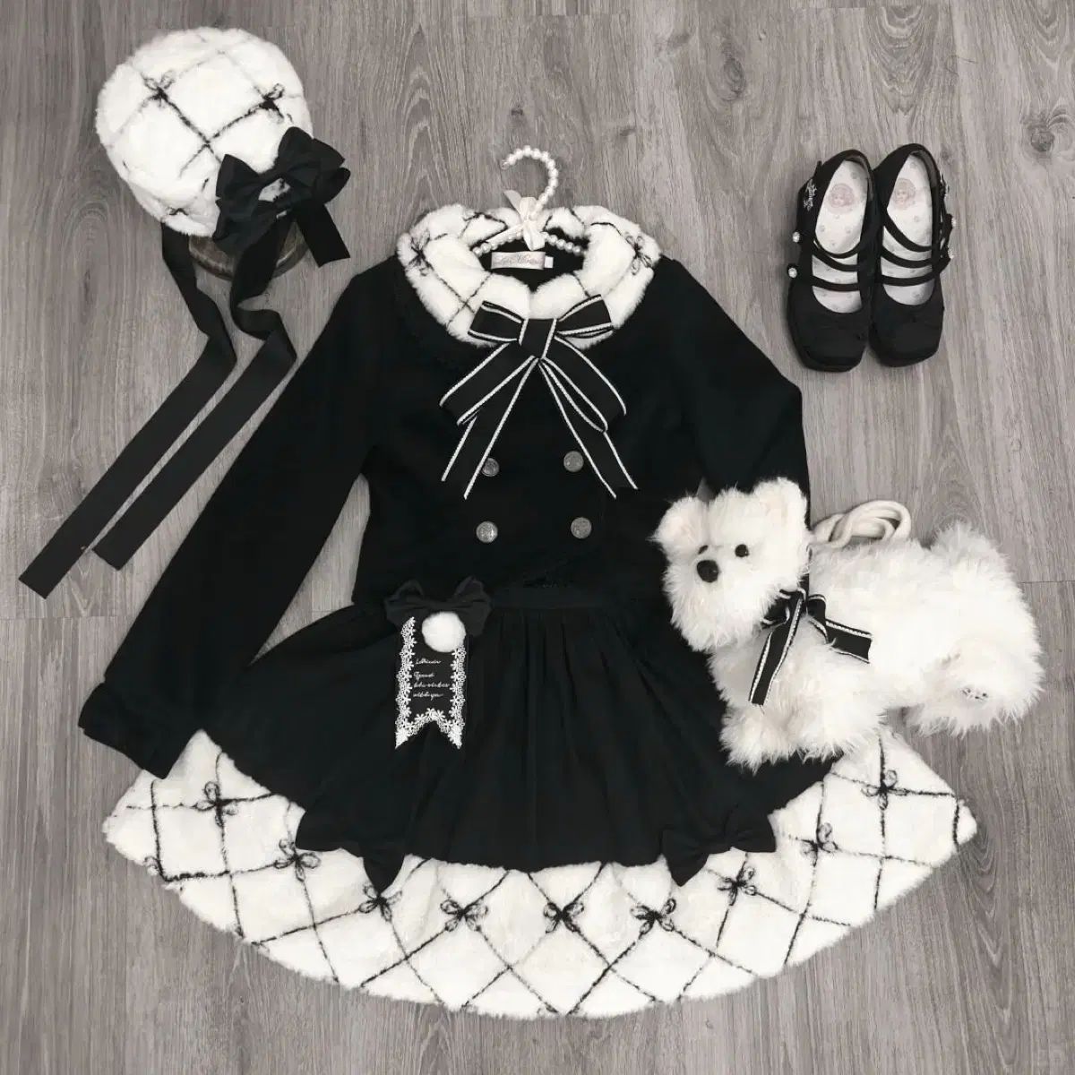 ロリータ スイート ダブル ブレステッド リボン ウール トップス ミニスカート ツーピース 3 COLOR