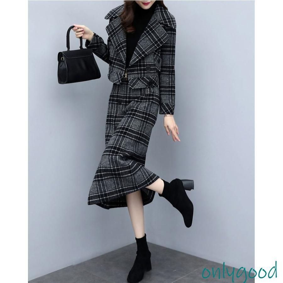 セットアップ レディース 秋冬 40代 20代 長袖 2点セット アウター 冬コート スカート チェック柄 カジュアル 大きいサイズ おしゃれ 上品