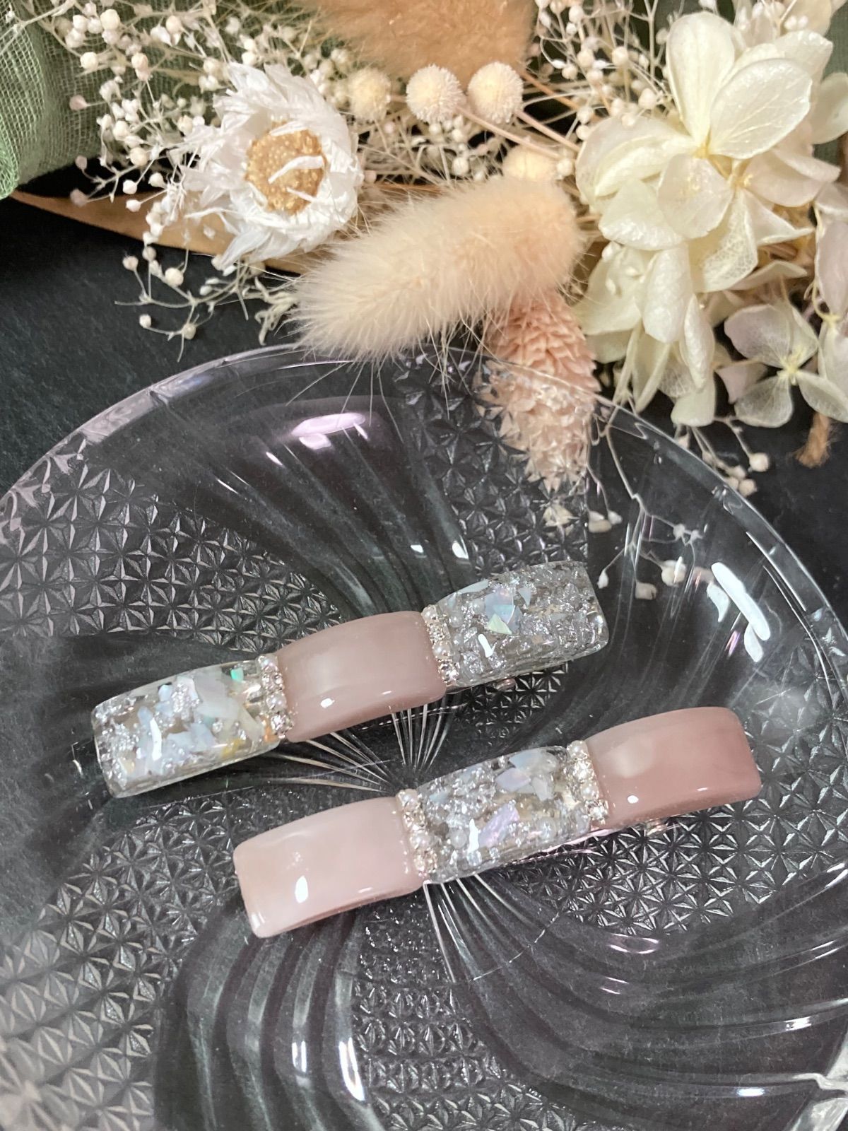 11】くすみカラー シェル パール ヘアクリップ 2本セット レジン ヘア