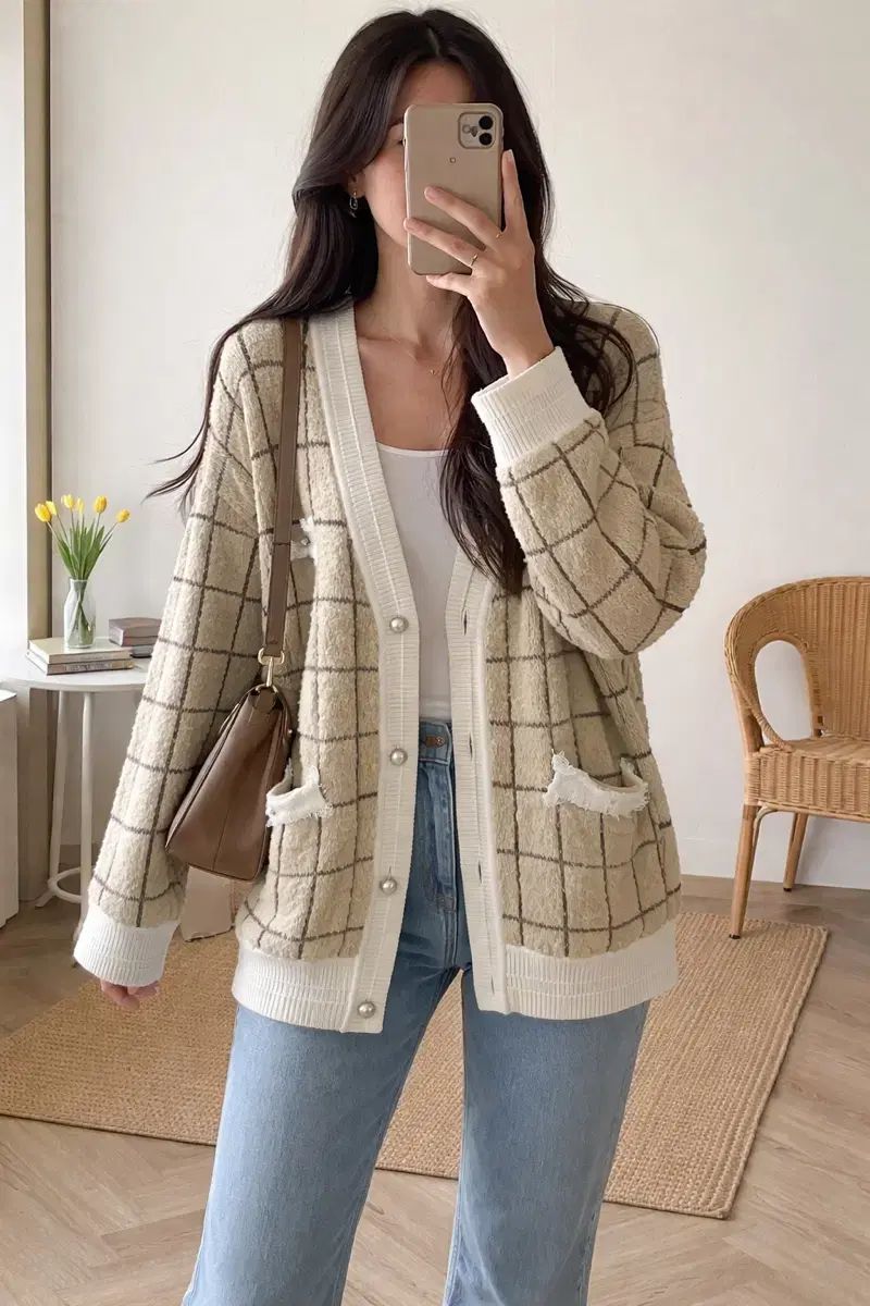 ブークレ チェック パールボタン ルーズフィット カーディガン デイリー 감성 ニット