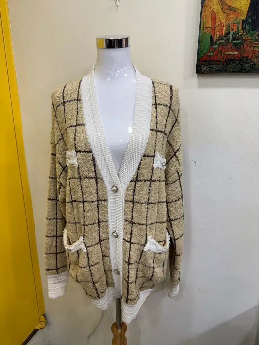 ブークレ チェック パールボタン ルーズフィット カーディガン デイリー 감성 ニット