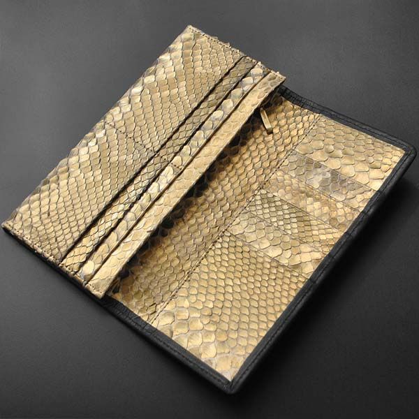 長財布 メンズ 二つ折り ブラック 黒 ブロックメッシュ型押し 牛革 レザー 薄金染め ライトゴールド 錦蛇革 ヘビ革 金運 開運 風水 国産 MADE IN JAPAN BM-401-BK 県および