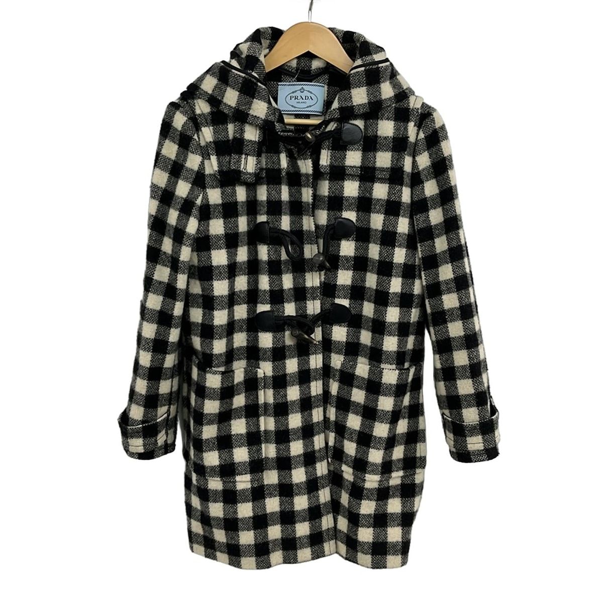 PRADA プラダ ダッフルコート サイズ42 M レディース 黒 ベージュ 長袖 チェック柄 冬