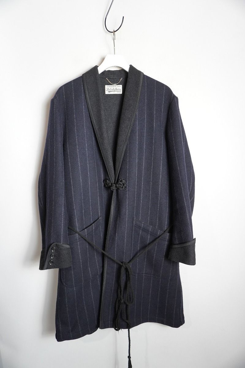 美品 WACKO MARIA ワコマリア STRIPED SMOKING JACKET ストライプ スモーキング ジャケット ガウン コート ブラック 黒M 正規 本物1104P♪