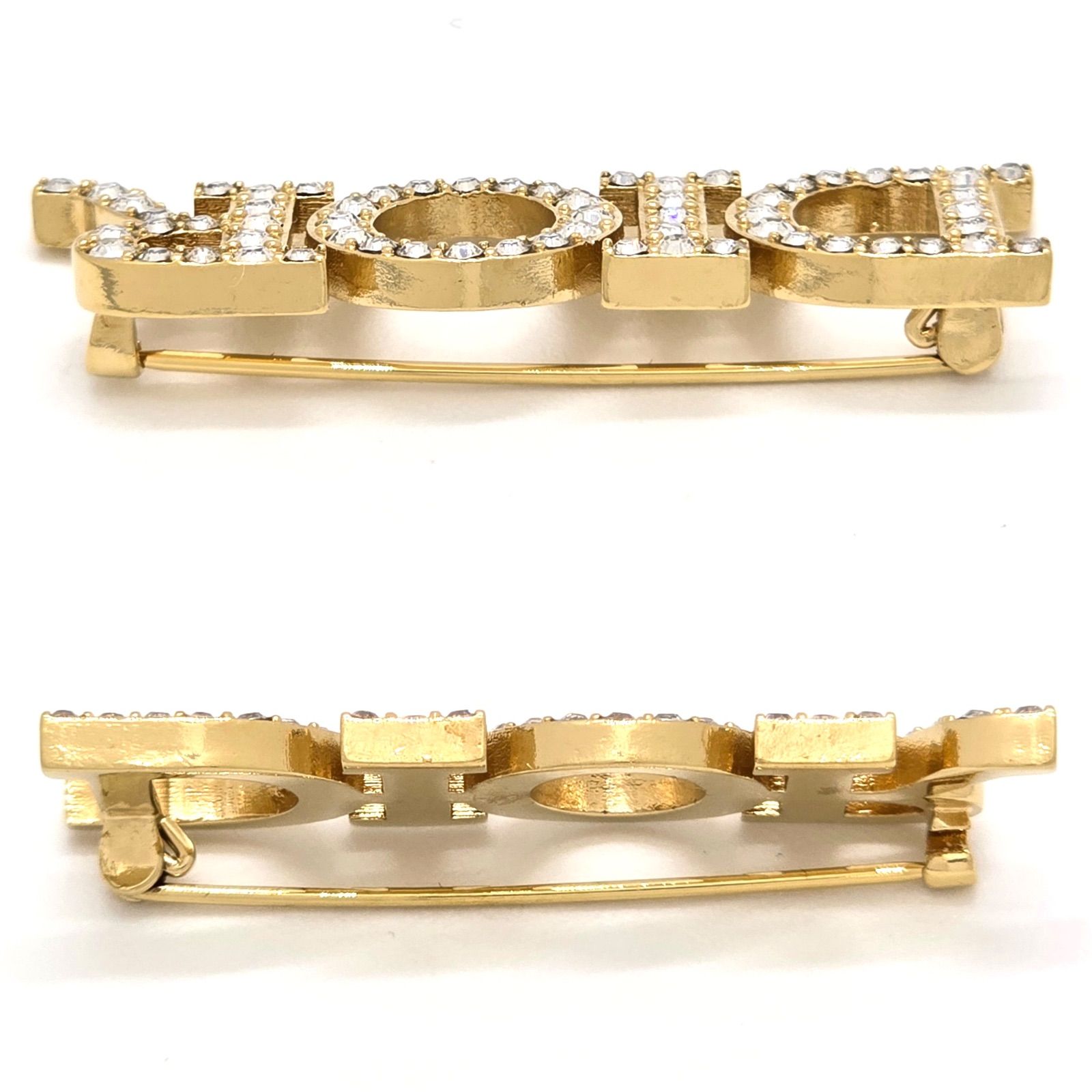 DIOR ディオール Dio r evolution ロゴ ブローチ クリスタル ゴールドトーンメタル 横4.19㎝ 縦1.33㎝ 5.68 g D 301 ブローチ コサージュ アクセサリー