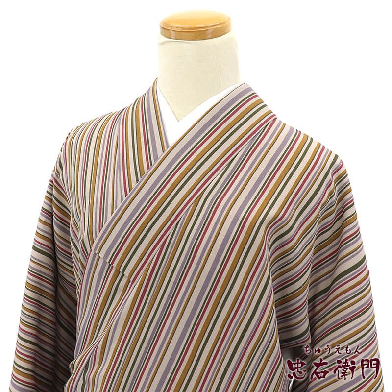 小紋 小紋着物 洗える着物 袷 レディース ポリエステル 薄紫 縞柄 身丈