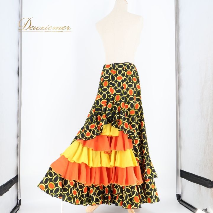  フラメンコ 衣装 ファルダ スカート ペチコート エルモサ イベリア HERMOSA IBERIA 柄 模様 ボランテ フリル ブラック系 イエロー系 オレンジ系 フ おしゃれ かわいい ダンス フリルスカート パーティー コスチューム スカート フラメンコ