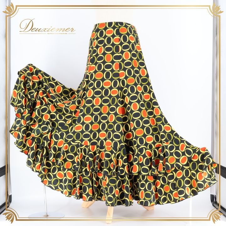 フラメンコ 衣装 ファルダ スカート ペチコート エルモサ イベリア HERMOSA IBERIA 柄 模様 ボランテ フリル ブラック系 イエロー系 オレンジ系 フ おしゃれ かわいい ダンス フリルスカート パーティー コスチューム