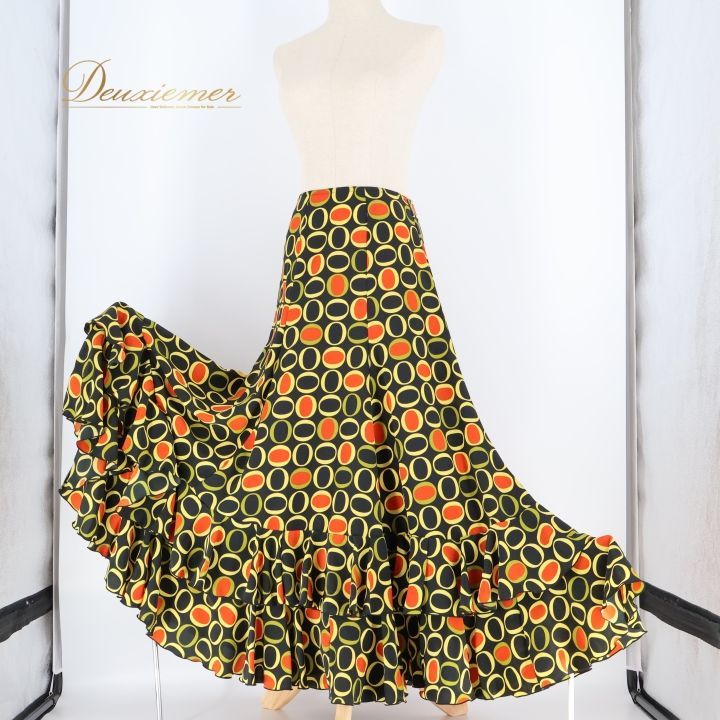 フラメンコ 衣装 ファルダ スカート ペチコート エルモサ イベリア HERMOSA IBERIA 柄 模様 ボランテ フリル ブラック系 イエロー系 オレンジ系 フ おしゃれ かわいい ダンス フリルスカート パーティー コスチューム