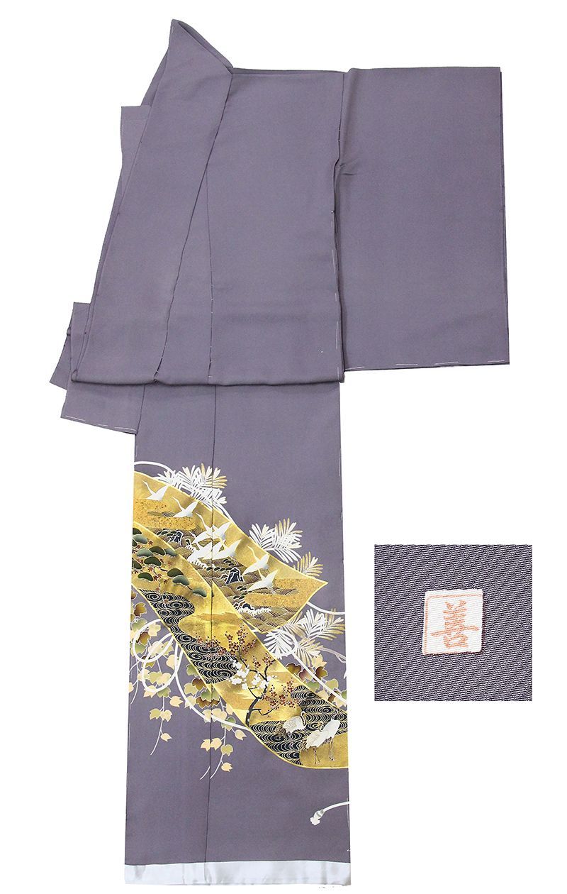 記念感謝祭 仕立無料 京都伝統工芸色留袖 吉祥熨斗四季鶴舞図 手描き染 本金加工