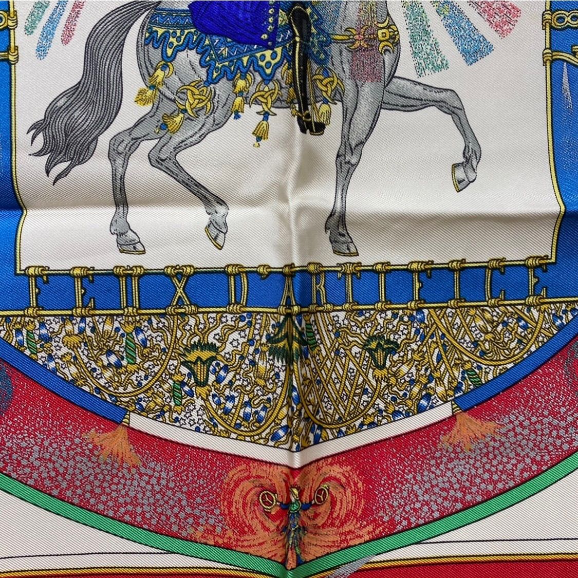 美品 エルメス カレ45 FEUX DARTIFICE シルクスカーフ 技巧の炎 ブルー