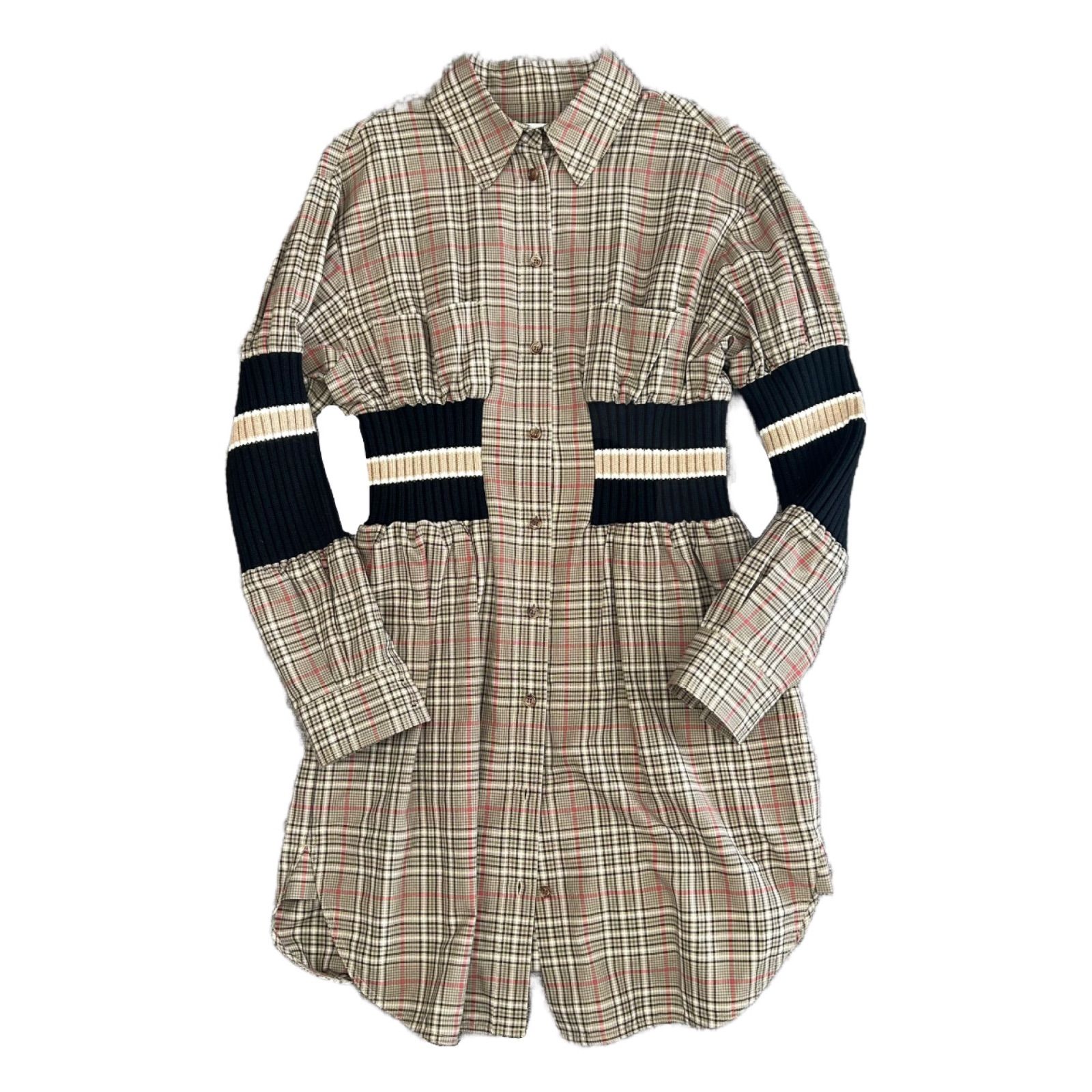 LONDON ENGLAND バーバリー ワンピース チェック ウエスト切替え ニット シャツ ノバチェック 38 レディース トップス カットソー