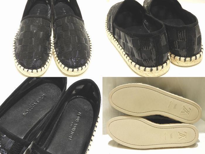 ヴィトン エスパドリーユ シューズ レディース 36 1 2 ブラック ダミエ メッシュ スパンコール LOUIS VUITTON 靴 スリッポン 7 L
