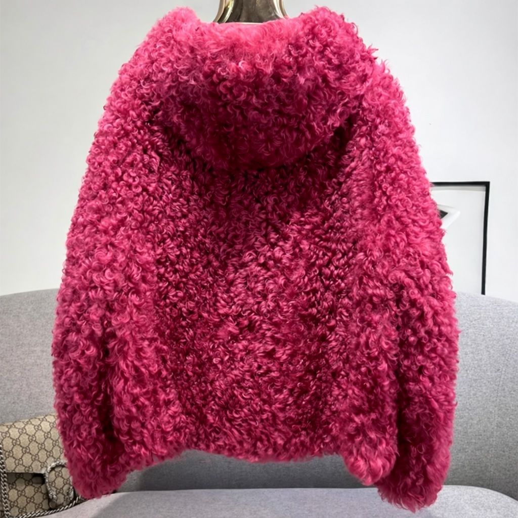 シープスキン ムートンコート レディース リアルファー 毛皮 コート フード付き ジャケット ピンク ローズ ショッキングピンク ラムウール