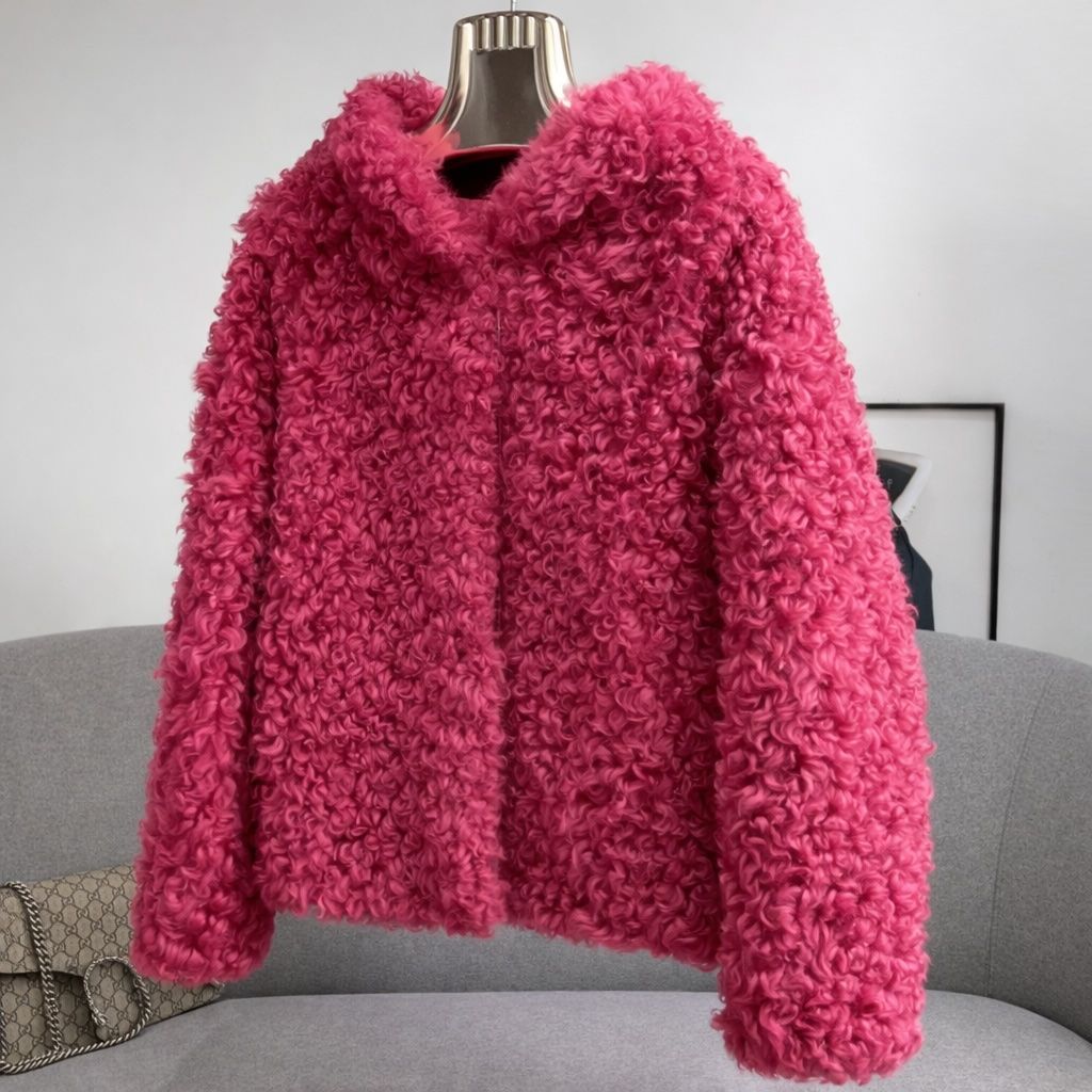 シープスキン ムートンコート レディース リアルファー 毛皮 コート フード付き ジャケット ピンク ローズ ショッキングピンク ラムウール