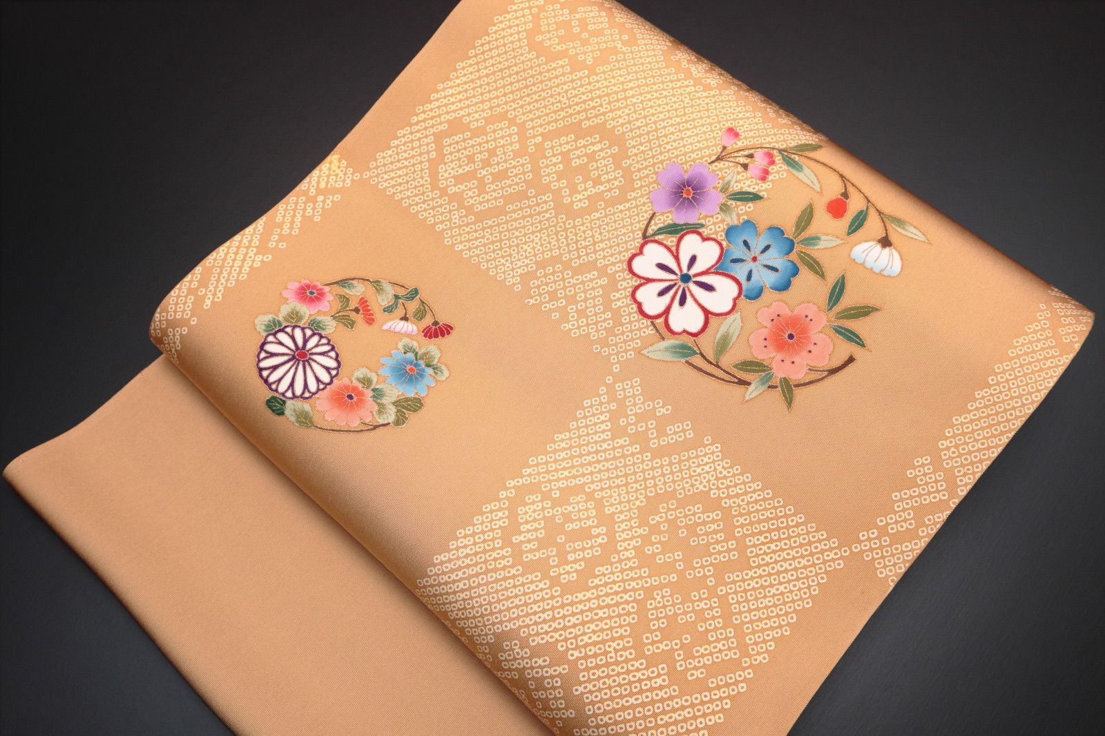 岡重 京友禅 塩瀬 染名古屋帯 花丸×市松疋田梅 朽葉色｜仕立て込み