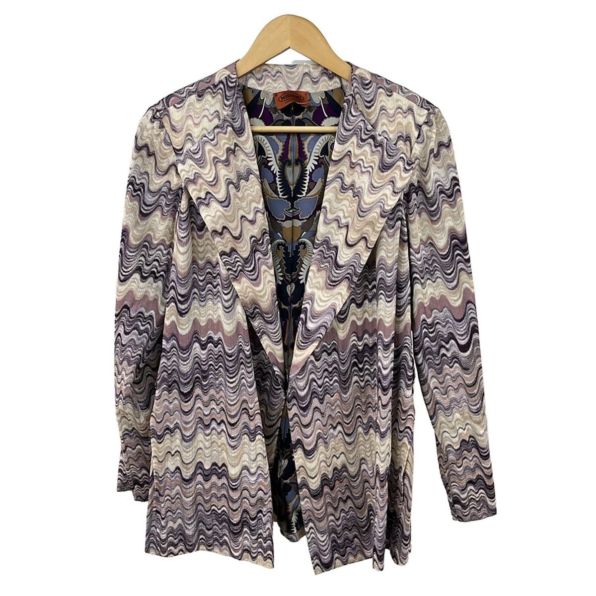 MISSONI ミッソーニ ジャケット サイズ46 L レディース アイボリー パープル マルチ 長袖 肩パッド 春 秋
