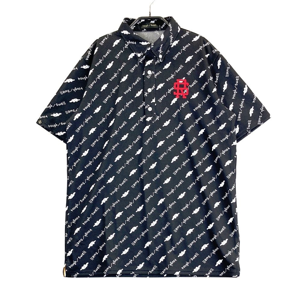 サイズ L ROUGH-SWELL ラフアンドスウェル モデル 半袖ポロシャツ ボタンダウン ロゴ カモノハシ 総柄 ブラック系 ゴルフウェア メンズ ストスト