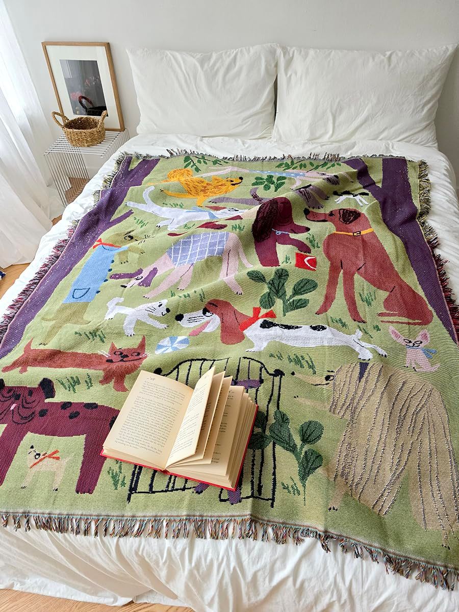 Dog Park 北欧風 犬 柄グリーン 韓国風のインテリア おしゃれ マルチカバー ブランケット ，ソファーカバー洗濯可能ベッドカバー (130X160cm)