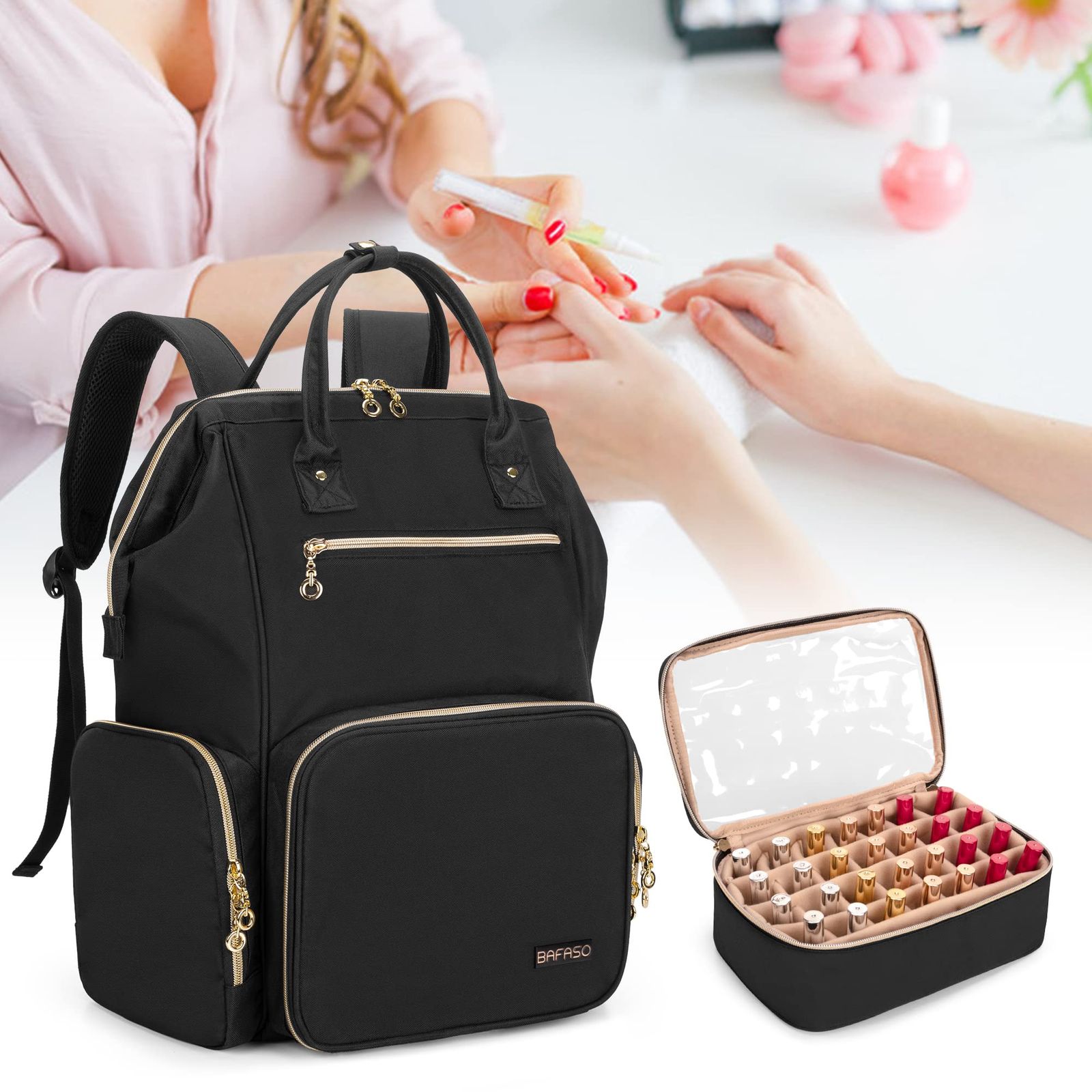 BAFASO マニキュア収納 リュック 56ボトル用 ネイルライト ネイル道具 収納 3 WAY 持ち運び 黒