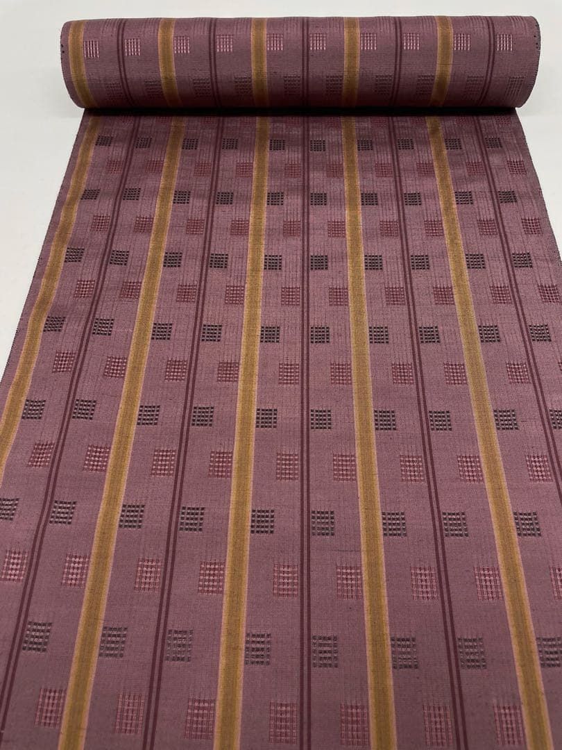 紬 花織 琉里縞 紫鳶色 正絹 反物 T 9179