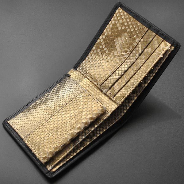 財布 メンズ 短財布 二つ折り ブラック 黒 ブロックメッシュ型押し 牛革 レザー 薄金染め ライトゴールド 錦蛇革 ヘビ革 金運 開運 風水 国産 MADE IN JAPAN BM-402 県および