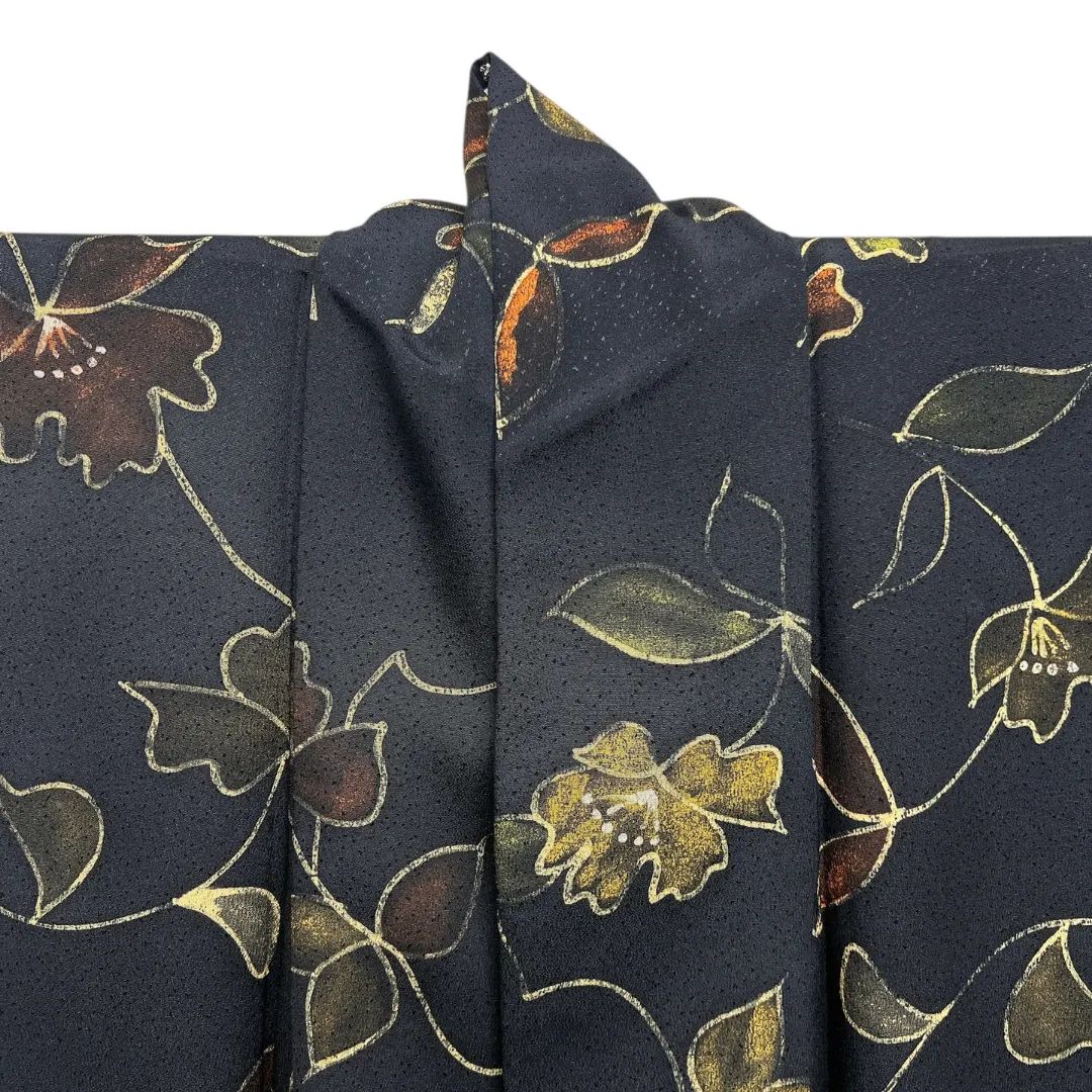 小紋 花模様 リーフ 黒地 お洒落 モード 着物 114b d ms - メルカリ