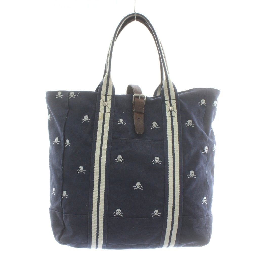 ラルフローレン ラグビー RALPH LAUREN RUGBY トートバッグ キャンバス 髑髏 スカル 刺繍 総柄 ベルト 紺 ネイビー XZ GY 17