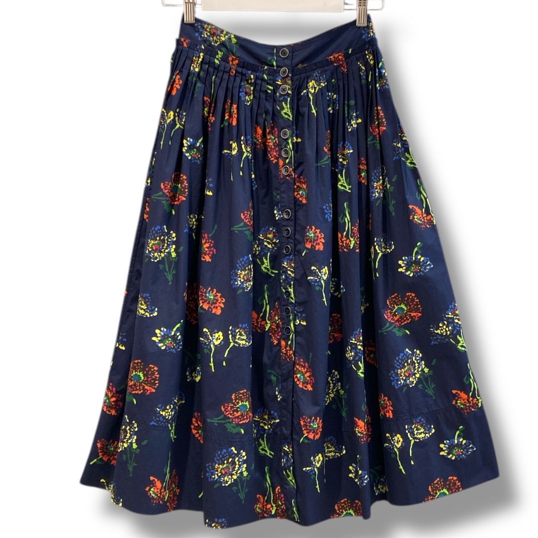 ULLA JOHNSON ウラジョンソン フラワープリントロングスカート サイズ0 ネイビー 花柄 NO 82-158-09-071672 コットン 綿 インド製 Aライン 総タック シングル 12 B レディース 夏 ゴーゴー 草2782